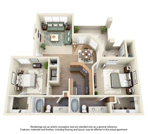Floor plan for 2 beds, 2 baths, 1068 sqft